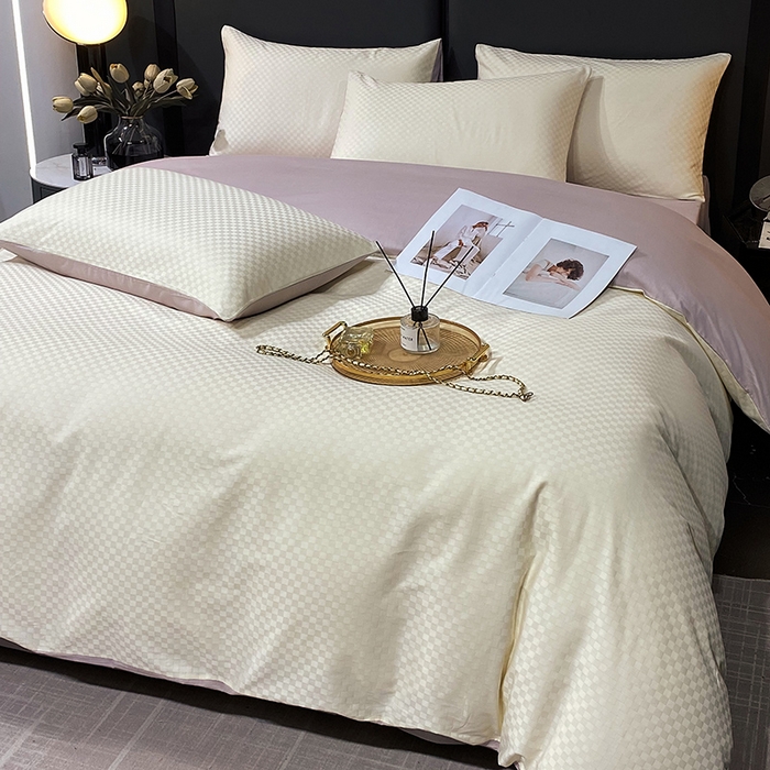 91家纺网 家纺一手货源 找家纺 金鑫汇家纺 2025新款长绒棉提花小方格系列四件套单品系列-四件套 奶昔白+淡紫（新拍）