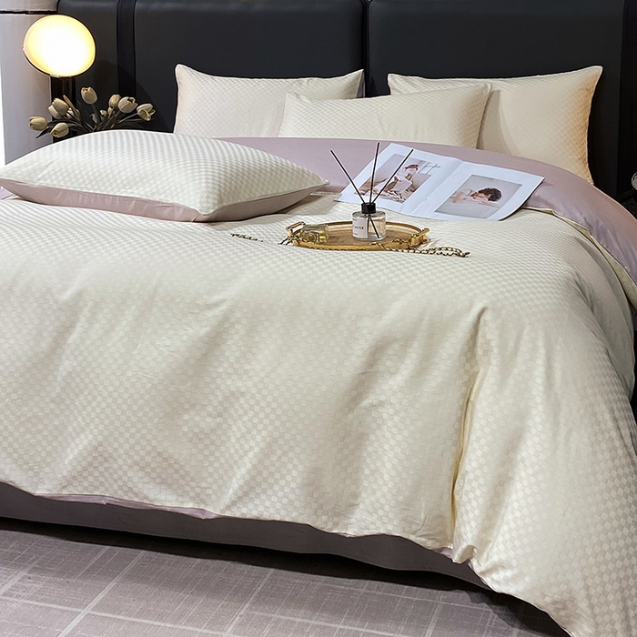 91家纺网 家纺一手货源 找家纺 金鑫汇家纺 2025新款长绒棉提花小方格系列四件套单品系列-四件套 奶昔白+淡紫（新拍）