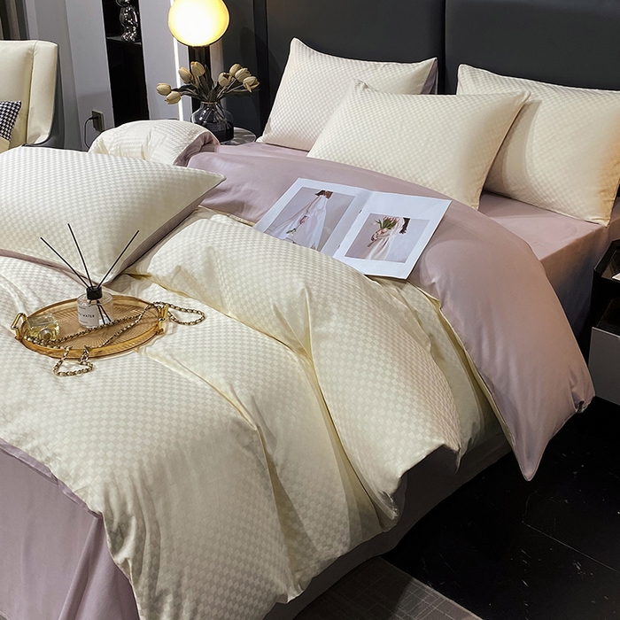 91家纺网 家纺一手货源 找家纺 金鑫汇家纺 2025新款长绒棉提花小方格系列四件套单品系列-四件套 奶昔白+淡紫（新拍）