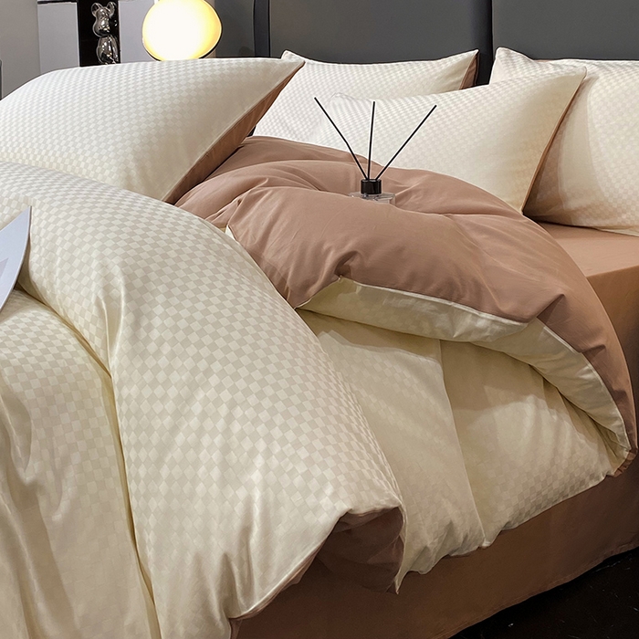 金鑫汇家纺 2025新款长绒棉提花小方格系列四件套单品系列-四件套 奶昔白+咖（新拍）