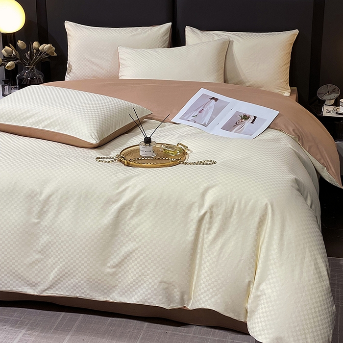 91家纺网 家纺一手货源 找家纺 金鑫汇家纺 2025新款长绒棉提花小方格系列四件套单品系列-四件套 奶昔白+咖（新拍）