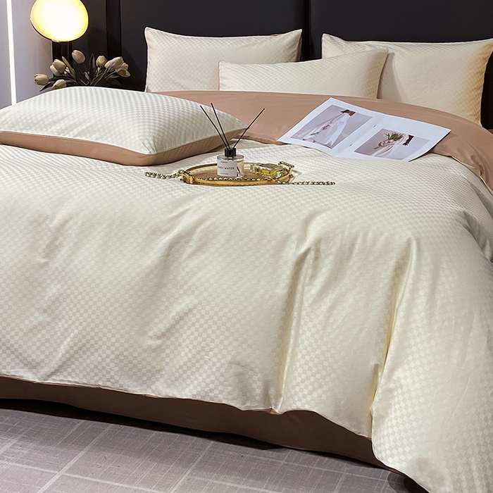 91家纺网 家纺一手货源 找家纺 金鑫汇家纺 2025新款长绒棉提花小方格系列四件套单品系列-四件套 奶昔白+咖（新拍）