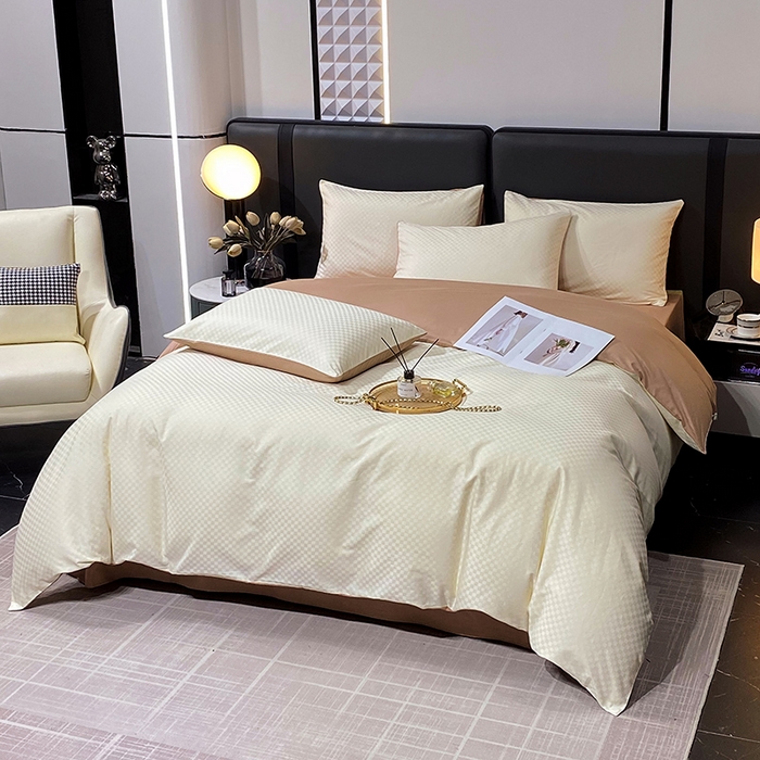 91家纺网 家纺一手货源 找家纺 金鑫汇家纺 2025新款长绒棉提花小方格系列四件套单品系列-四件套 奶昔白+咖（新拍）