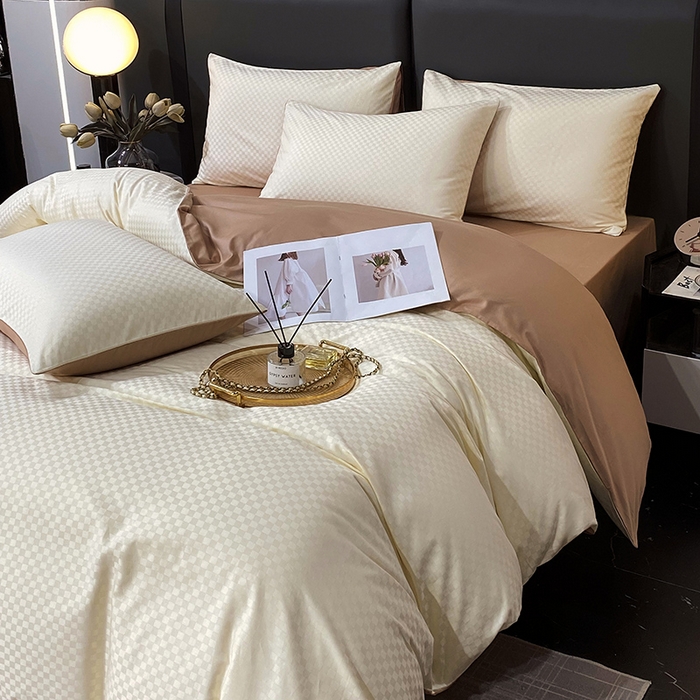 91家纺网 家纺一手货源 找家纺 金鑫汇家纺 2025新款长绒棉提花小方格系列四件套单品系列-四件套 奶昔白+咖（新拍）