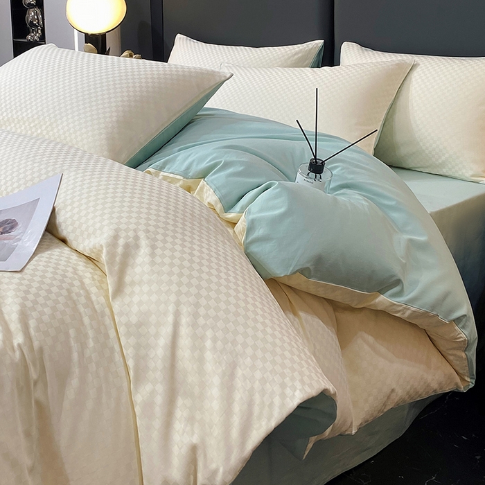 金鑫汇家纺 2025新款长绒棉提花小方格系列四件套单品系列-四件套 奶昔白+水绿（新拍）