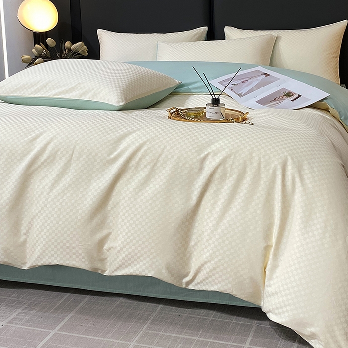 91家纺网 家纺一手货源 找家纺 金鑫汇家纺 2025新款长绒棉提花小方格系列四件套单品系列-四件套 奶昔白+水绿（新拍）