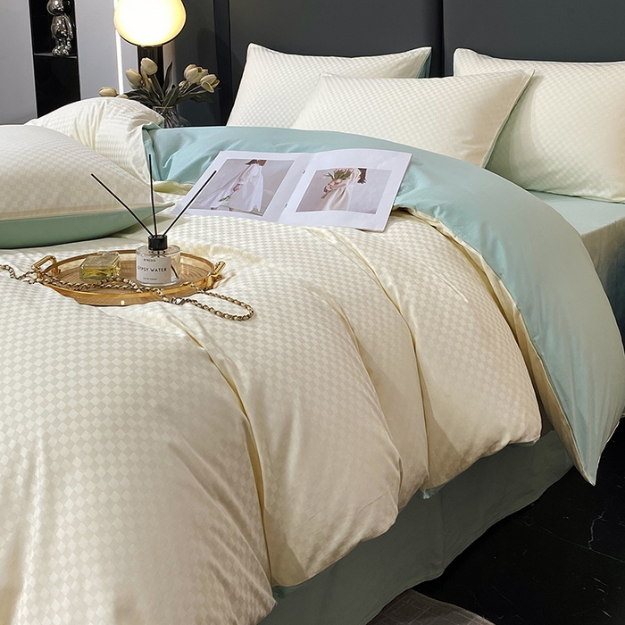 91家纺网 家纺一手货源 找家纺 金鑫汇家纺 2025新款长绒棉提花小方格系列四件套单品系列-四件套 奶昔白+水绿（新拍）