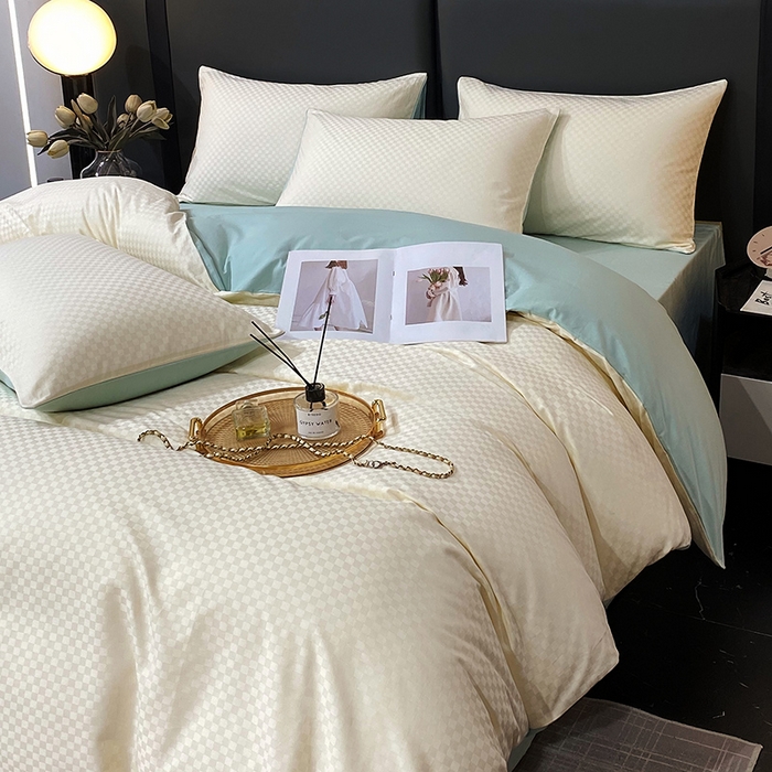 91家纺网 家纺一手货源 找家纺 金鑫汇家纺 2025新款长绒棉提花小方格系列四件套单品系列-四件套 奶昔白+水绿（新拍）