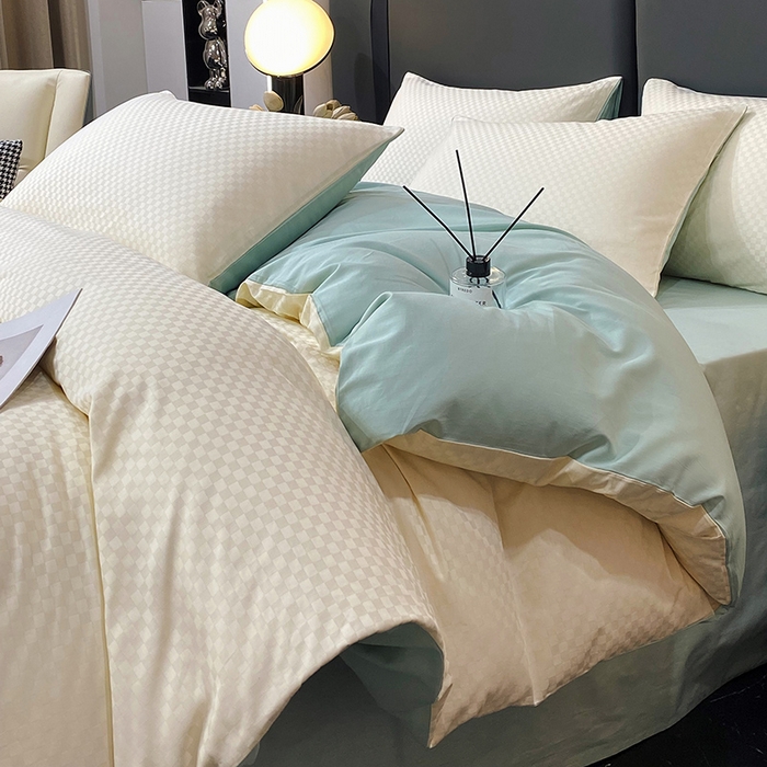 91家纺网 家纺一手货源 找家纺 金鑫汇家纺 2025新款长绒棉提花小方格系列四件套单品系列-四件套 奶昔白+水绿（新拍）