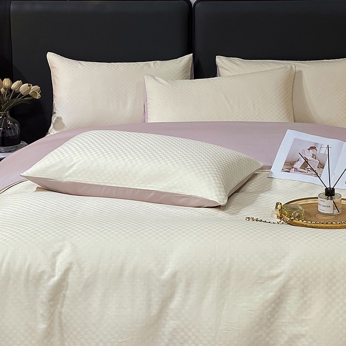 91家纺网 家纺一手货源 找家纺 金鑫汇家纺 2024新款长绒棉提花小方格系列四件套单品系列-单枕套 奶昔白+淡紫（新拍）