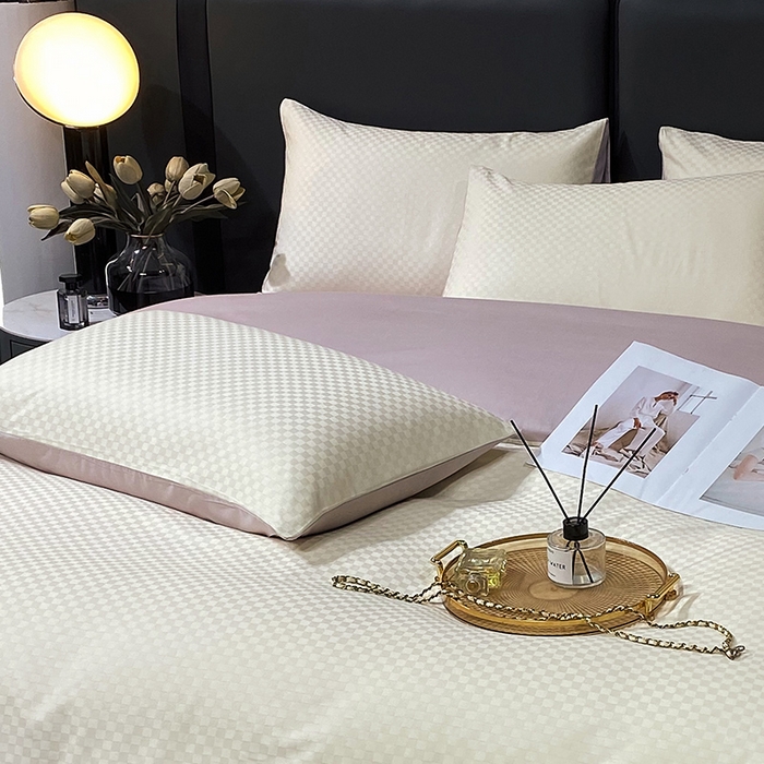 91家纺网 家纺一手货源 找家纺 金鑫汇家纺 2024新款长绒棉提花小方格系列四件套单品系列-单枕套 奶昔白+淡紫（新拍）