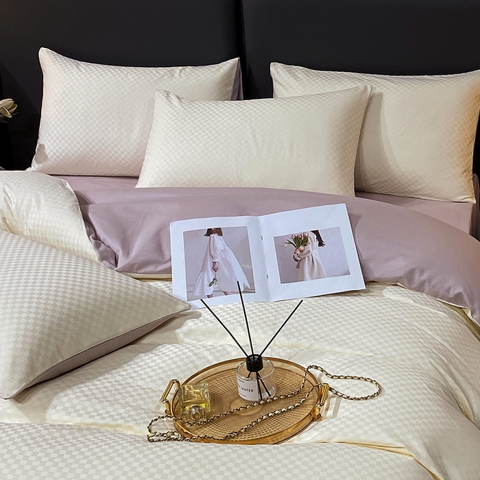 91家纺网 家纺一手货源 找家纺 金鑫汇家纺 2024新款长绒棉提花小方格系列四件套单品系列-单枕套 奶昔白+淡紫（新拍）