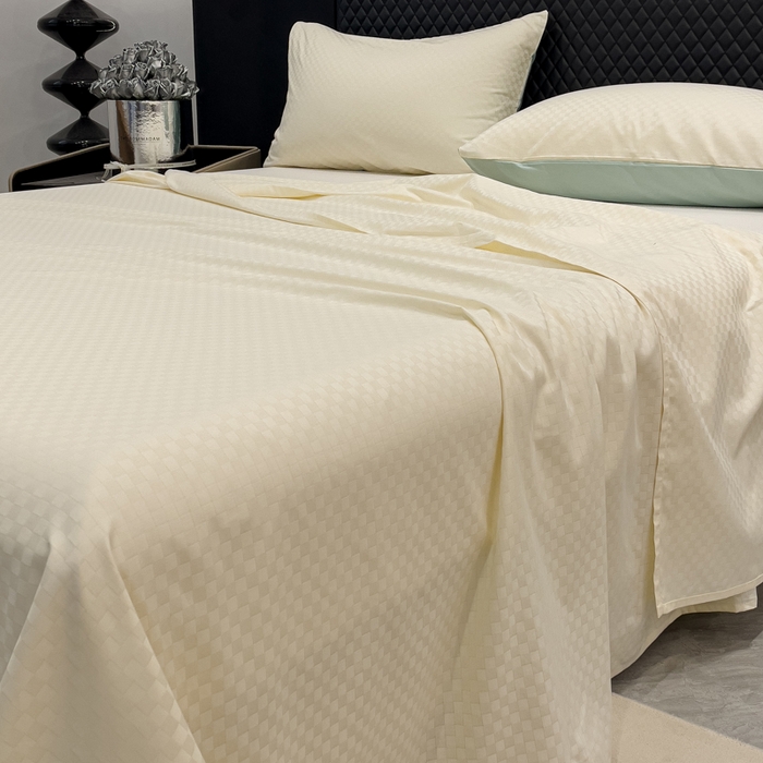 91家纺网 家纺一手货源 找家纺 金鑫汇家纺 2024新款长绒棉提花小方格系列四件套单品系列-单床单 奶昔白+水绿