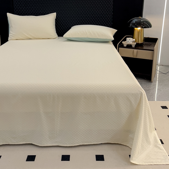 91家纺网 家纺一手货源 找家纺 金鑫汇家纺 2024新款长绒棉提花小方格系列四件套单品系列-单床单 奶昔白+水绿