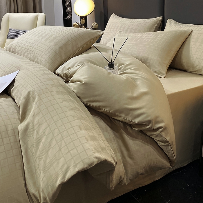 91家纺网 家纺一手货源 找家纺 金鑫汇家纺 2025新款长绒棉提花小方格系列四件套单品系列-四件套 风吹麦浪