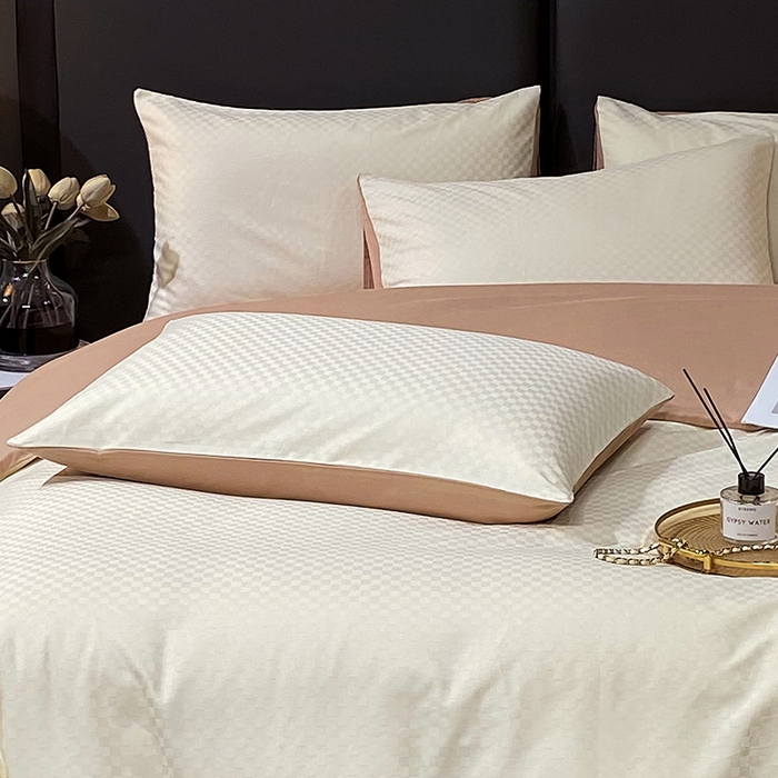 91家纺网 家纺一手货源 找家纺 金鑫汇家纺 2024新款长绒棉提花小方格系列四件套单品系列-单枕套 奶昔白+咖（新拍）