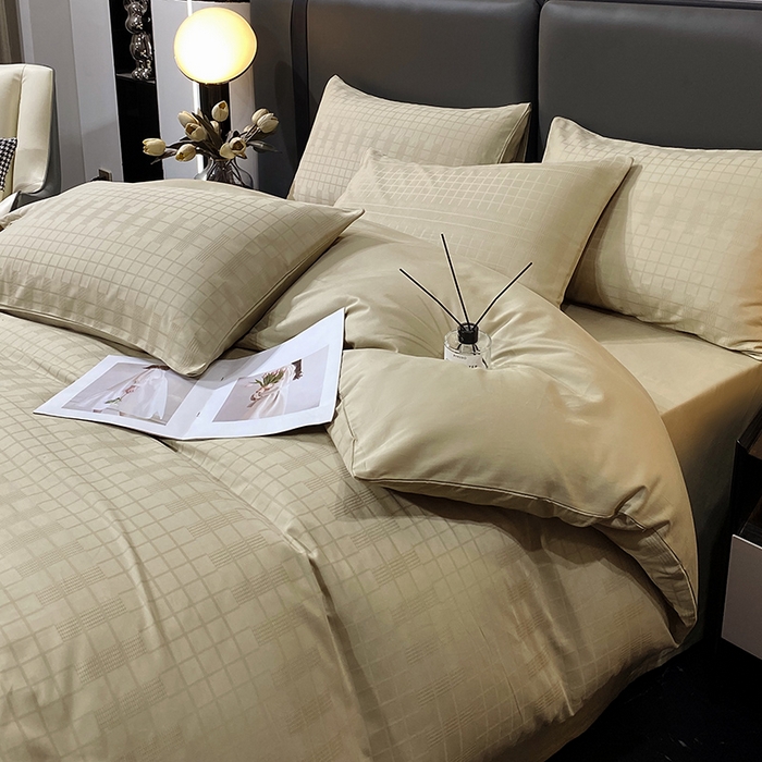 91家纺网 家纺一手货源 找家纺 金鑫汇家纺 2025新款长绒棉提花小方格系列四件套单品系列-四件套 风吹麦浪