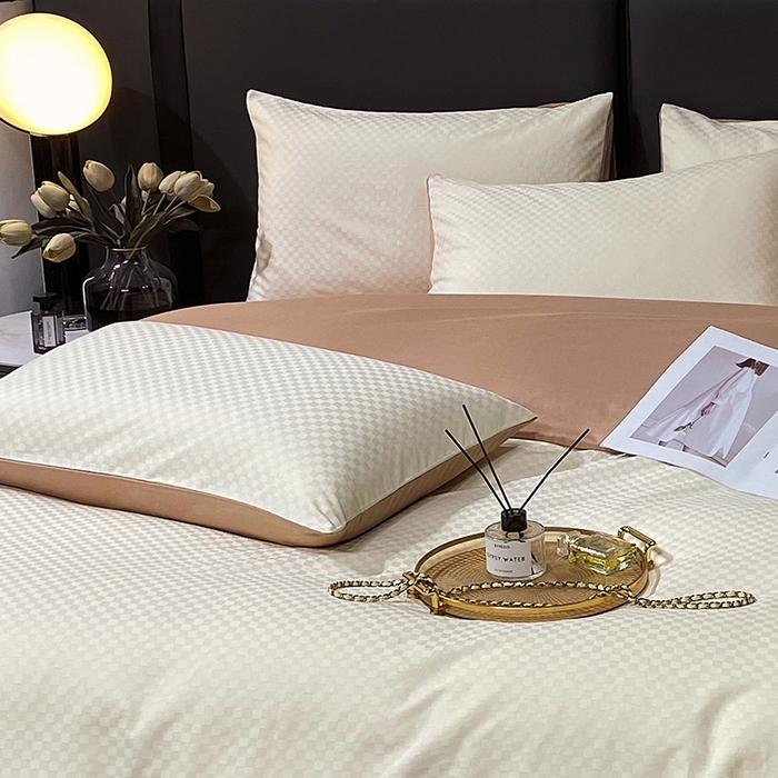 91家纺网 家纺一手货源 找家纺 金鑫汇家纺 2024新款长绒棉提花小方格系列四件套单品系列-单枕套 奶昔白+咖（新拍）