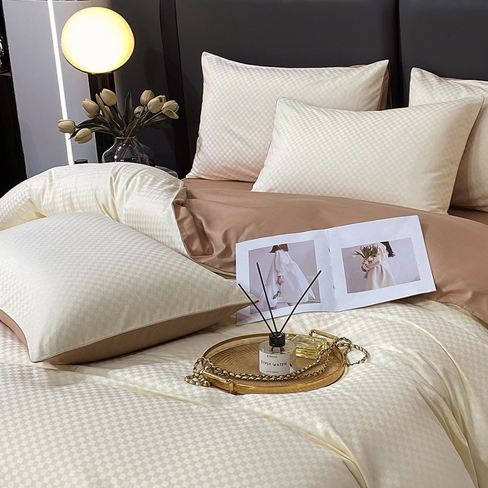 91家纺网 家纺一手货源 找家纺 金鑫汇家纺 2024新款长绒棉提花小方格系列四件套单品系列-单枕套 奶昔白+咖（新拍）
