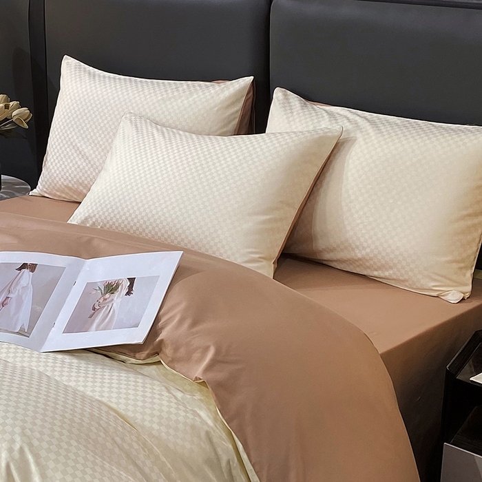 91家纺网 家纺一手货源 找家纺 金鑫汇家纺 2024新款长绒棉提花小方格系列四件套单品系列-单枕套 奶昔白+咖（新拍）