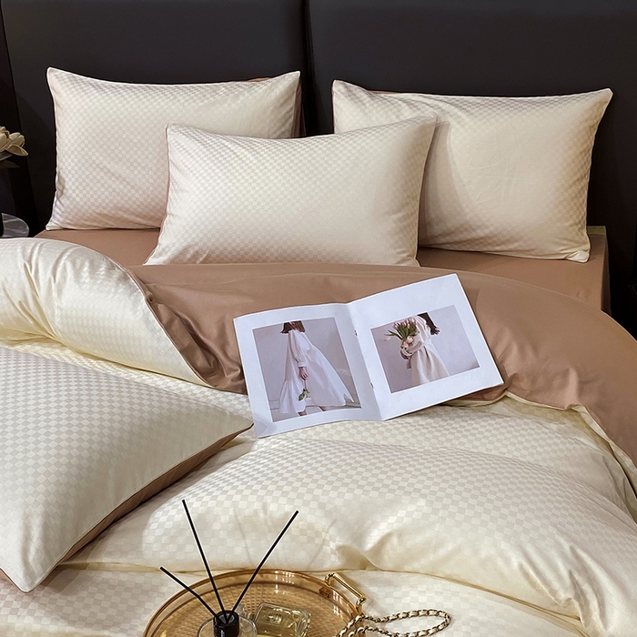 91家纺网 家纺一手货源 找家纺 金鑫汇家纺 2024新款长绒棉提花小方格系列四件套单品系列-单枕套 奶昔白+咖（新拍）