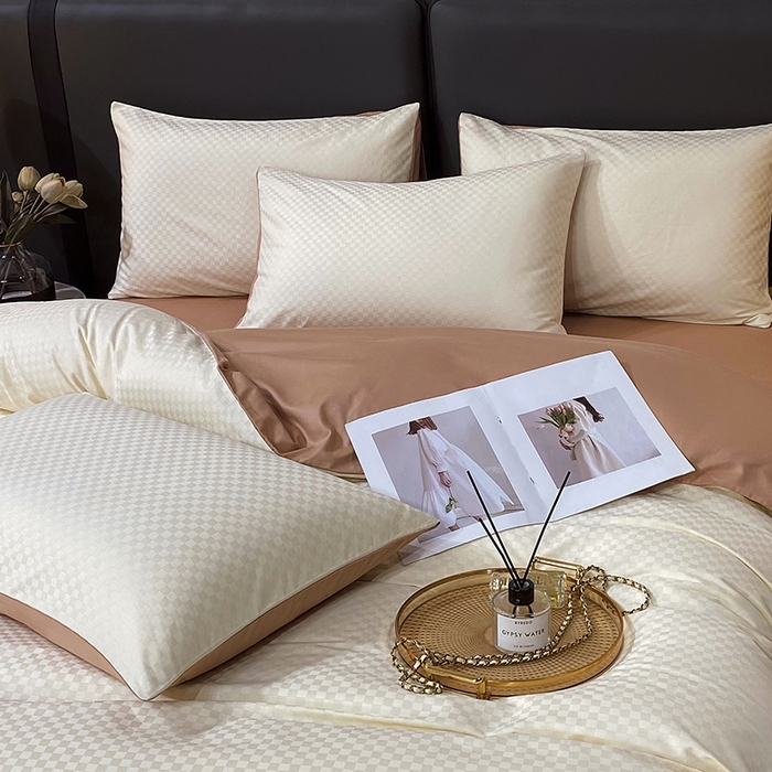 91家纺网 家纺一手货源 找家纺 金鑫汇家纺 2024新款长绒棉提花小方格系列四件套单品系列-单枕套 奶昔白+咖（新拍）