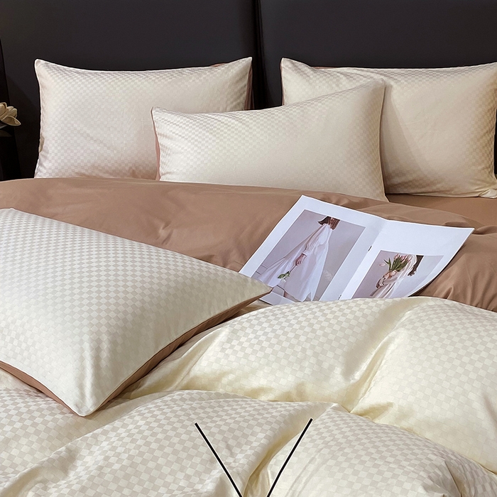 91家纺网 家纺一手货源 找家纺 金鑫汇家纺 2024新款长绒棉提花小方格系列四件套单品系列-单枕套 奶昔白+咖（新拍）