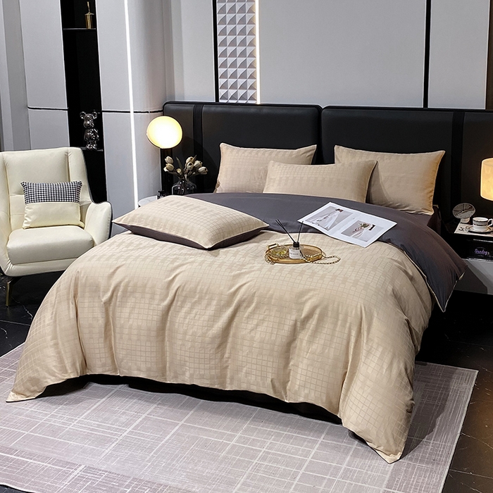 91家纺网 家纺一手货源 找家纺 金鑫汇家纺 2025新款长绒棉提花小方格系列四件套单品系列-四件套 纵横阡陌