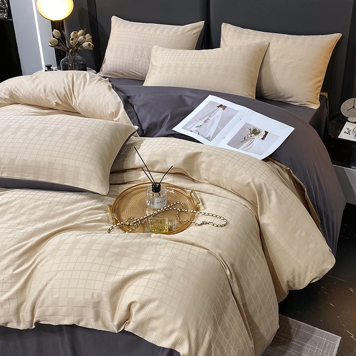 91家纺网 家纺一手货源 找家纺 金鑫汇家纺 2025新款长绒棉提花小方格系列四件套单品系列-四件套 纵横阡陌