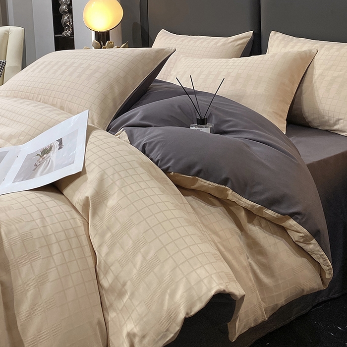 91家纺网 家纺一手货源 找家纺 金鑫汇家纺 2025新款长绒棉提花小方格系列四件套单品系列-四件套 纵横阡陌