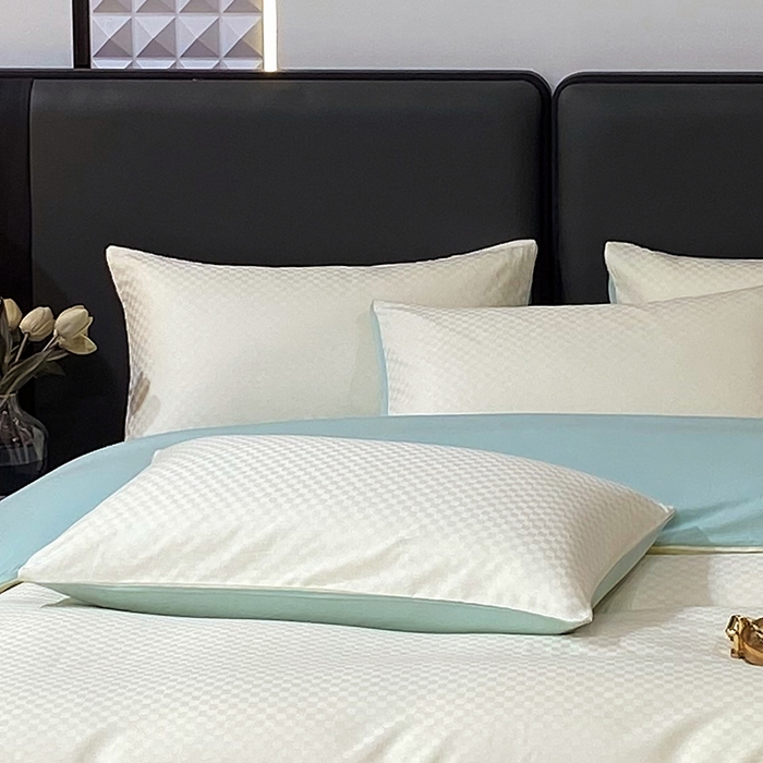 91家纺网 家纺一手货源 找家纺 金鑫汇家纺 2024新款长绒棉提花小方格系列四件套单品系列-单枕套 奶昔白+水绿（新拍）