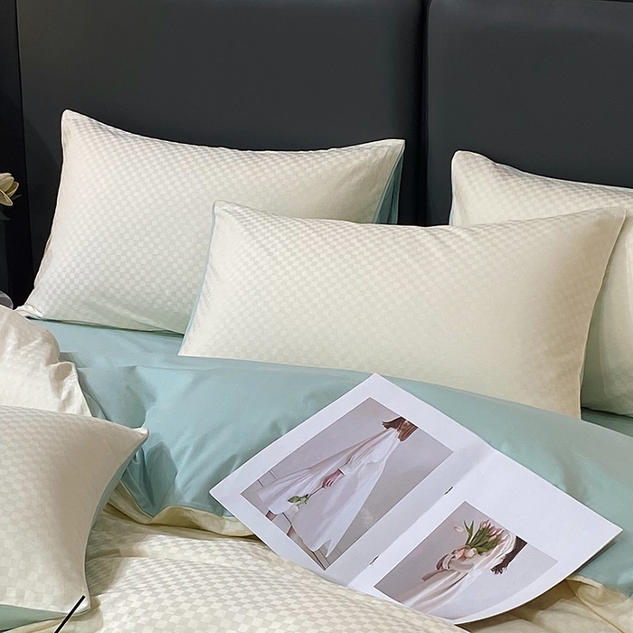 91家纺网 家纺一手货源 找家纺 金鑫汇家纺 2024新款长绒棉提花小方格系列四件套单品系列-单枕套 奶昔白+水绿（新拍）