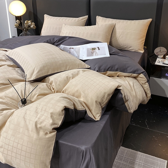 91家纺网 家纺一手货源 找家纺 金鑫汇家纺 2025新款长绒棉提花小方格系列四件套单品系列-四件套 纵横阡陌