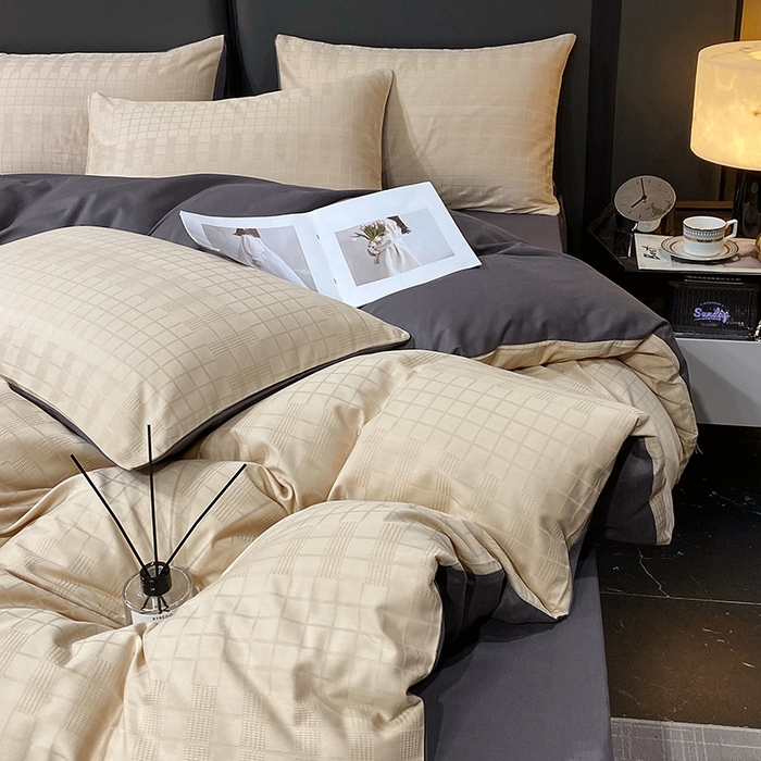 91家纺网 家纺一手货源 找家纺 金鑫汇家纺 2025新款长绒棉提花小方格系列四件套单品系列-四件套 纵横阡陌