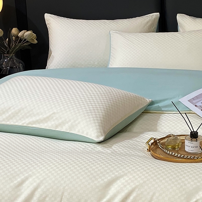 91家纺网 家纺一手货源 找家纺 金鑫汇家纺 2024新款长绒棉提花小方格系列四件套单品系列-单枕套 奶昔白+水绿（新拍）