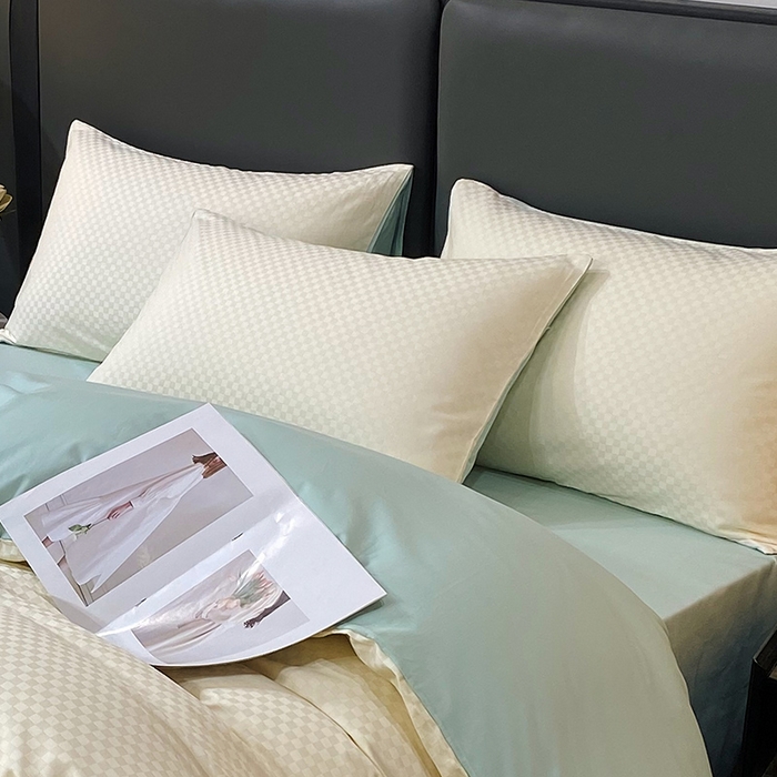 91家纺网 家纺一手货源 找家纺 金鑫汇家纺 2024新款长绒棉提花小方格系列四件套单品系列-单枕套 奶昔白+水绿（新拍）