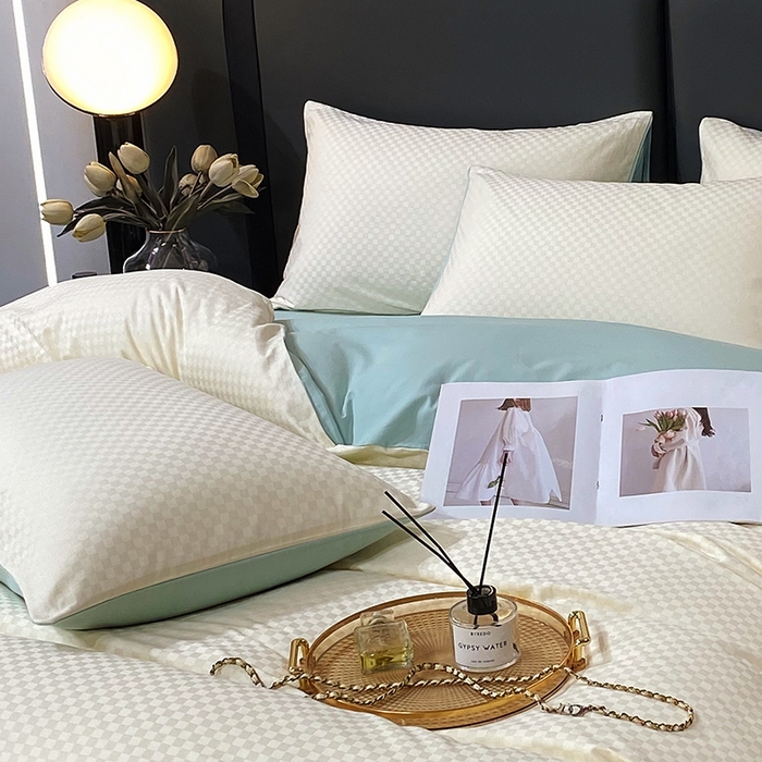 91家纺网 家纺一手货源 找家纺 金鑫汇家纺 2024新款长绒棉提花小方格系列四件套单品系列-单枕套 奶昔白+水绿（新拍）