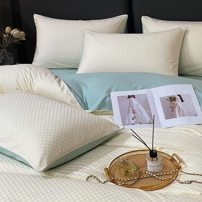 91家纺网 家纺一手货源 找家纺 金鑫汇家纺 2024新款长绒棉提花小方格系列四件套单品系列-单枕套 奶昔白+水绿（新拍）