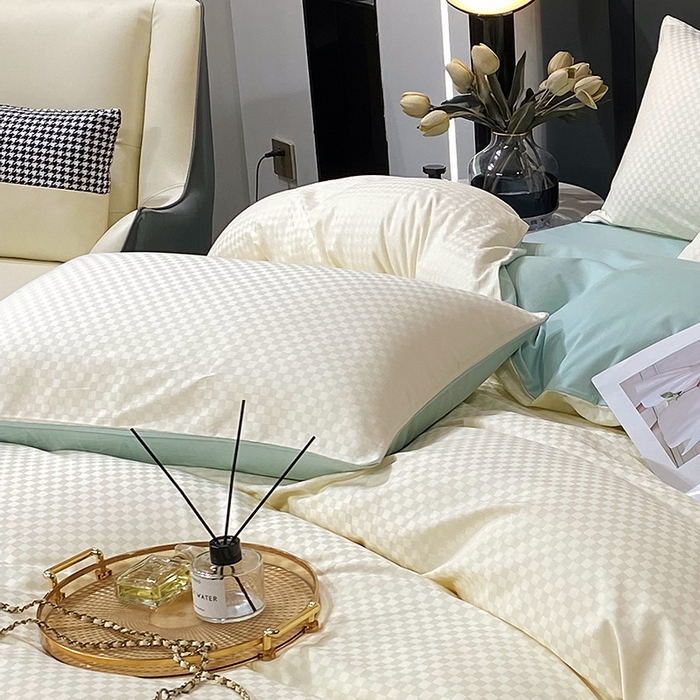 91家纺网 家纺一手货源 找家纺 金鑫汇家纺 2024新款长绒棉提花小方格系列四件套单品系列-单枕套 奶昔白+水绿（新拍）