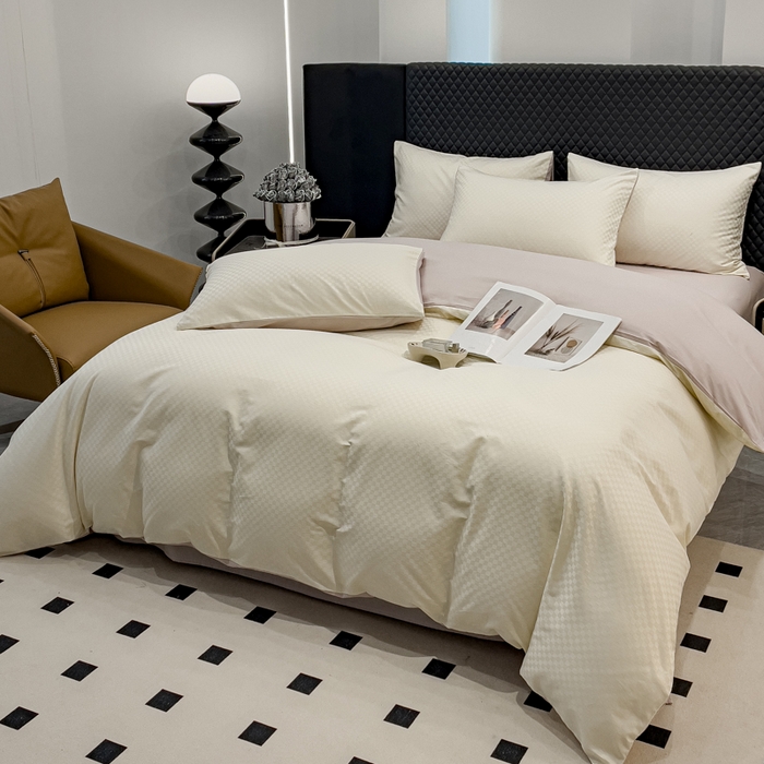 91家纺网 家纺一手货源 找家纺 金鑫汇家纺 2024新款长绒棉提花小方格系列四件套单品系列-单被套 奶昔白+淡紫