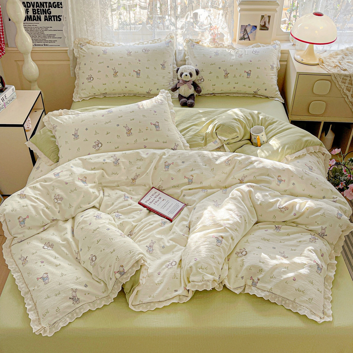 91家纺网 家纺一手货源 找家纺 水木坊 2025新款全棉镂空花边皱皱双层纱四件套专供网销直播 森林与免