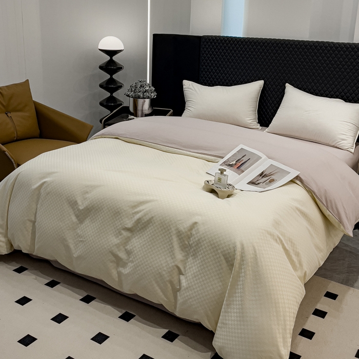 91家纺网 家纺一手货源 找家纺 金鑫汇家纺 2024新款长绒棉提花小方格系列四件套单品系列-单被套 奶昔白+淡紫