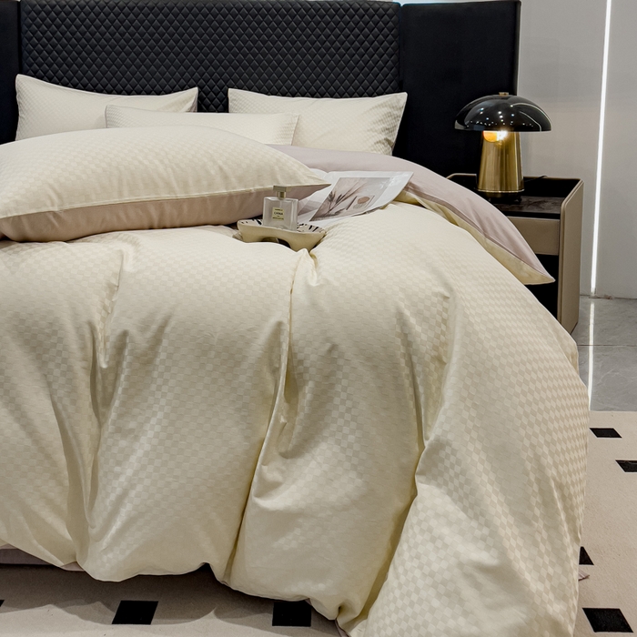 91家纺网 家纺一手货源 找家纺 金鑫汇家纺 2024新款长绒棉提花小方格系列四件套单品系列-单被套 奶昔白+淡紫