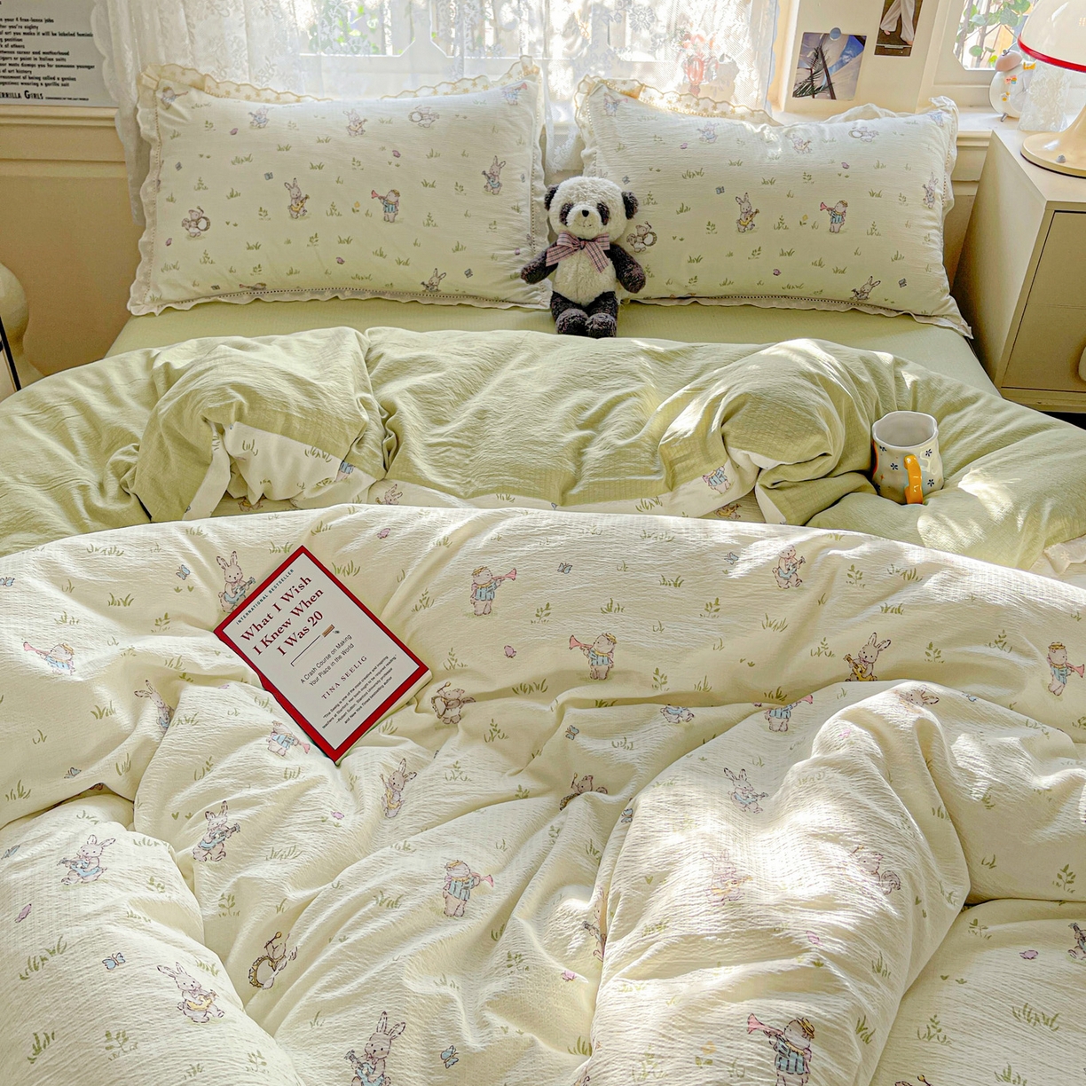 91家纺网 家纺一手货源 找家纺 水木坊 2025新款全棉镂空花边皱皱双层纱四件套专供网销直播 森林与免