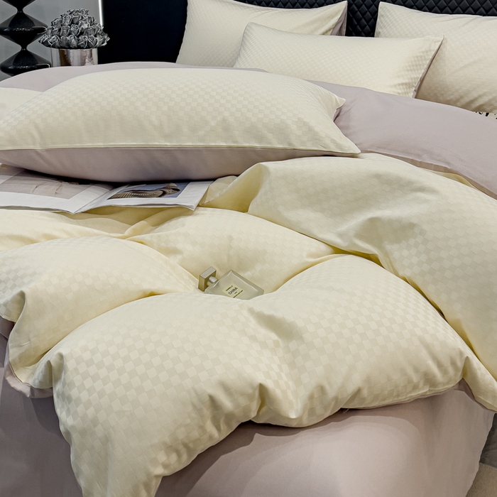 91家纺网 家纺一手货源 找家纺 金鑫汇家纺 2024新款长绒棉提花小方格系列四件套单品系列-单被套 奶昔白+淡紫