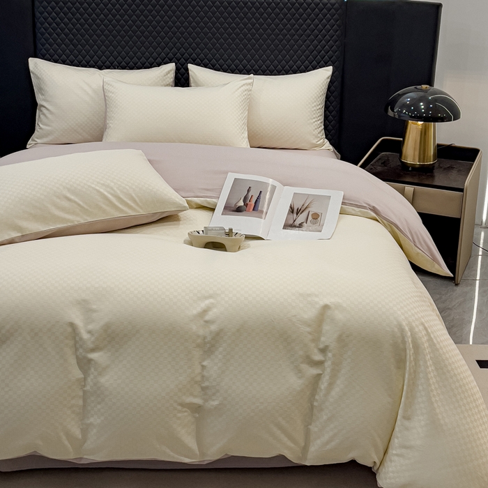 91家纺网 家纺一手货源 找家纺 金鑫汇家纺 2024新款长绒棉提花小方格系列四件套单品系列-单被套 奶昔白+淡紫