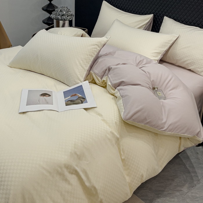 91家纺网 家纺一手货源 找家纺 金鑫汇家纺 2024新款长绒棉提花小方格系列四件套单品系列-单被套 奶昔白+淡紫