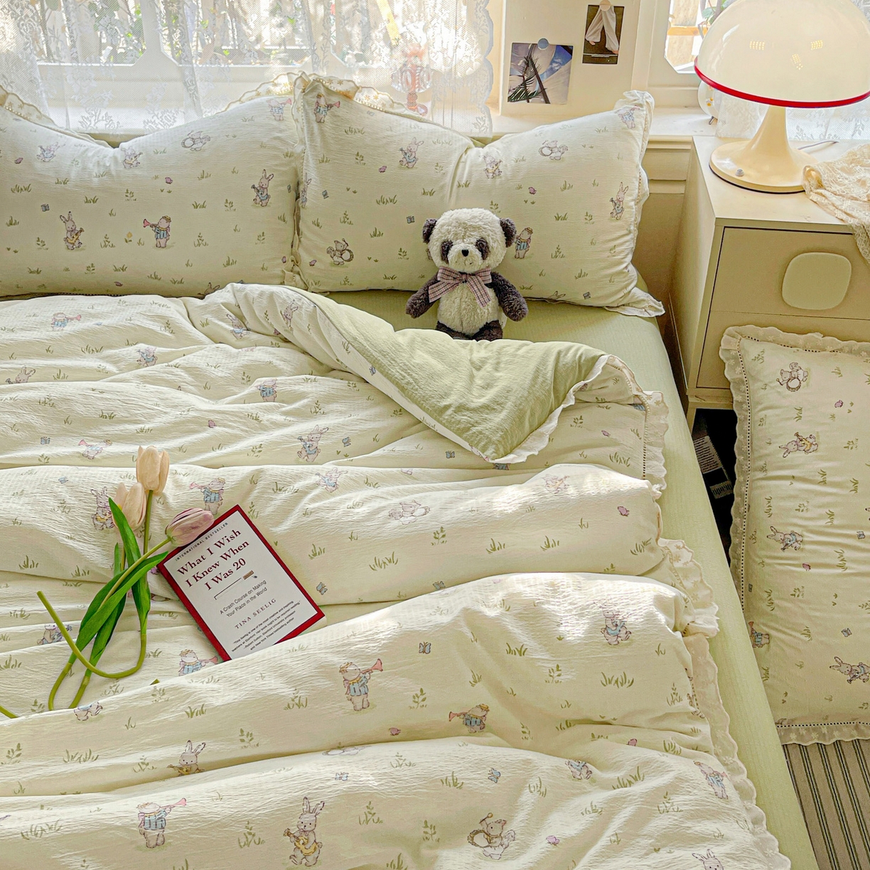 91家纺网 家纺一手货源 找家纺 水木坊 2025新款全棉镂空花边皱皱双层纱四件套专供网销直播 森林与免