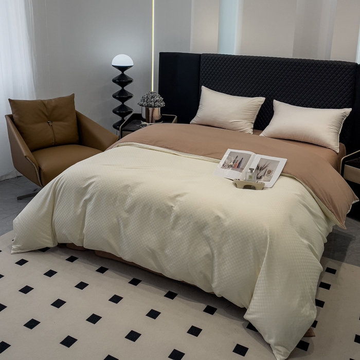 91家纺网 家纺一手货源 找家纺 金鑫汇家纺 2024新款长绒棉提花小方格系列四件套单品系列-单被套 奶昔白+咖