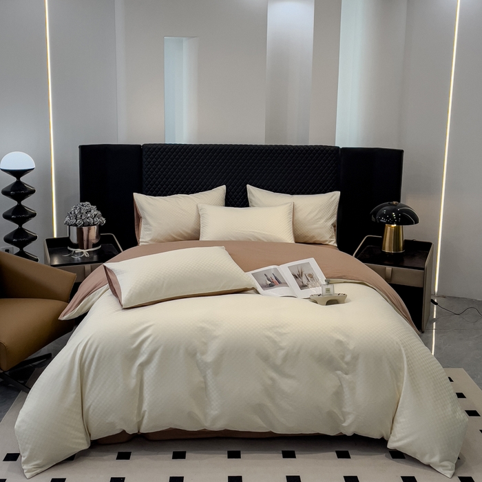 91家纺网 家纺一手货源 找家纺 金鑫汇家纺 2024新款长绒棉提花小方格系列四件套单品系列-单被套 奶昔白+咖